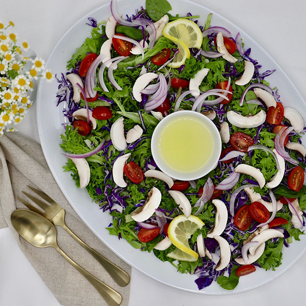 Garden Salad- Romaine, Purple Cabbage,Grape Tomatoes, Sliced Mushrooms and Red Onions- Lemon Oil Dressing