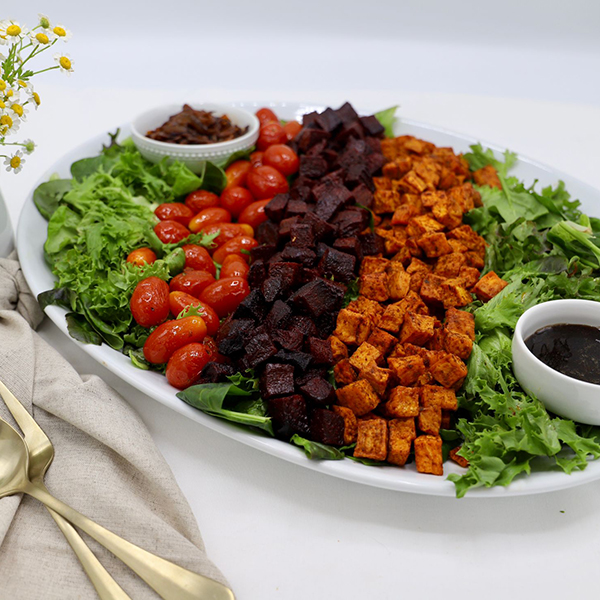 Roasted Diced Sweet Potato, Beets, Tomatoes, Red Onions On Bed Of Spring Mix - Balsamic Dressing