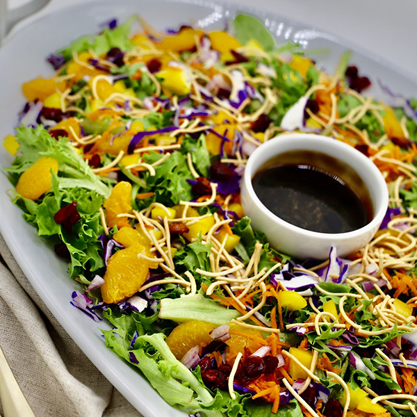 Asian Purple Cabbage Salad- With Shredded Green Cabbage, Shredded Carrots, Mandarin Oranges, Red Onions On Bed Of Spring Mix - Balsamic Dressing