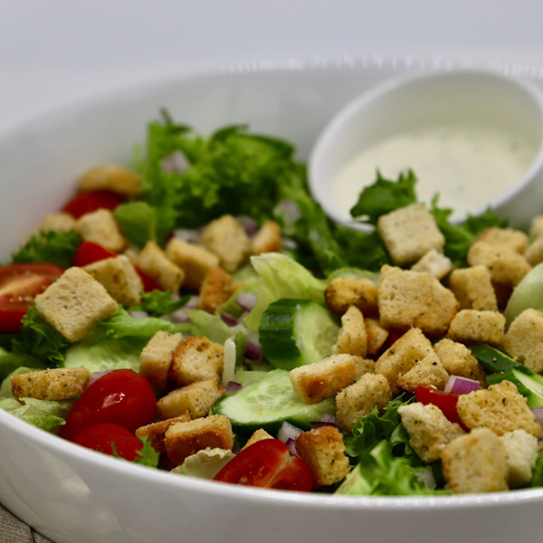 Caesar Salad With Cherry Tomatoes, Persian Cucumbers, Purple Onion, & Onion Garlic Croutons - Caesar Dressing