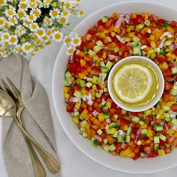 Israeli Salad - Diced Tomatoes, Cucumbers, Peppers In Olive Oil - Lemon Oil Dressing