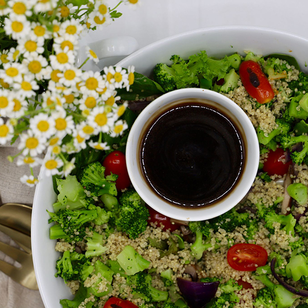 Leafy Quinoa and Broccoli Salad: Baby Spinach, Quinoa, Broccoli, Saute Mushrooms, Grape tomatoes, Roasted Red Onion with a Asian Vinaigrette Dressing