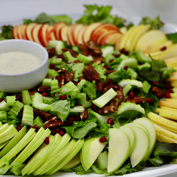 Waldorf Salad - Sliced Green And Red Apples, Celery, Walnuts, On Bed Of Greens - Waldorf Dressing